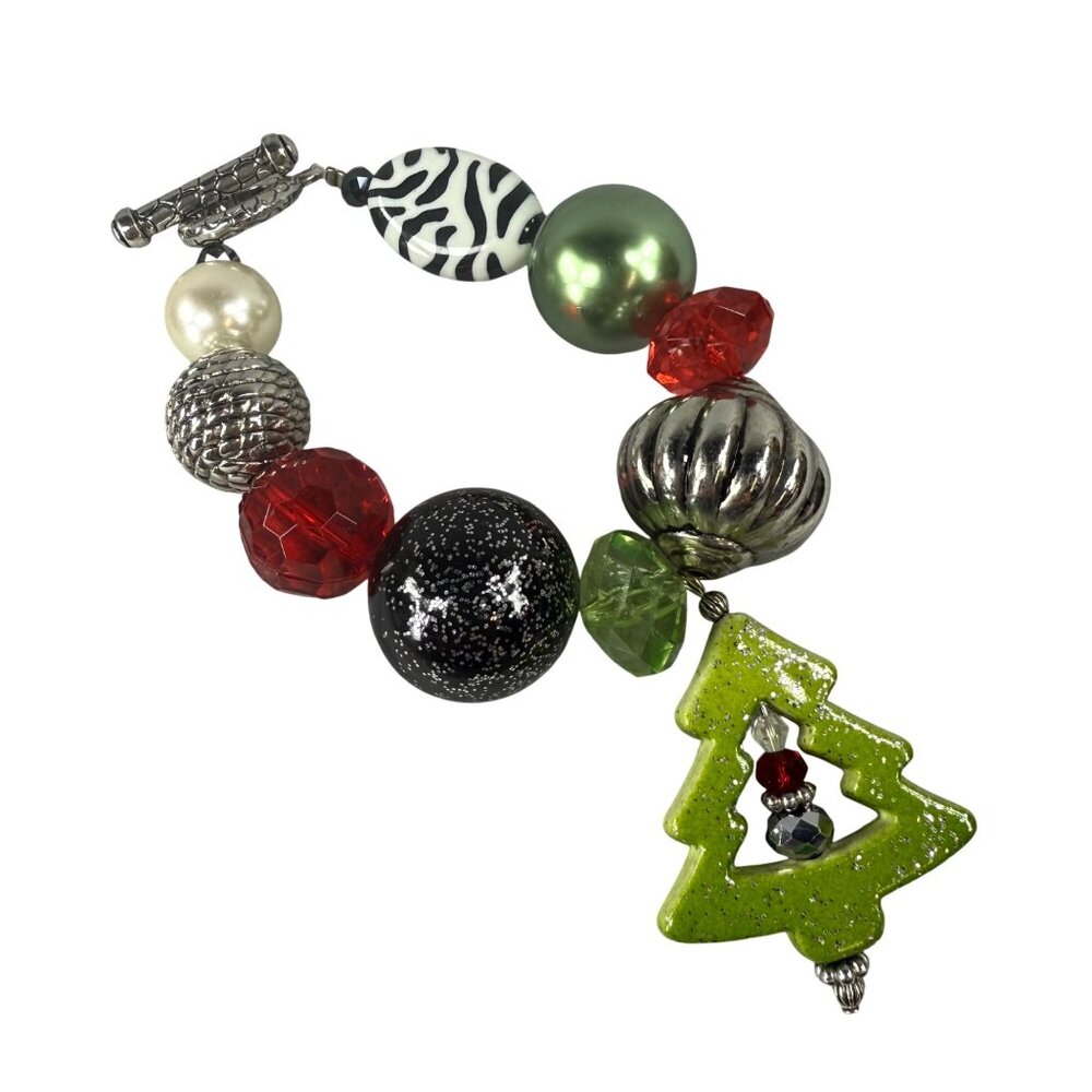 Beaded Christmas-Themed Bracelet Toggle Clasp Green Glitter Tree Charm Holiday